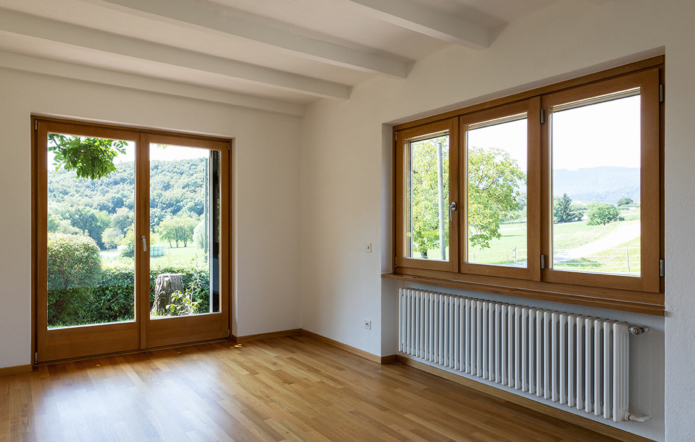 Holzfenster in einem leeren Raum mit Blick ins Grüne